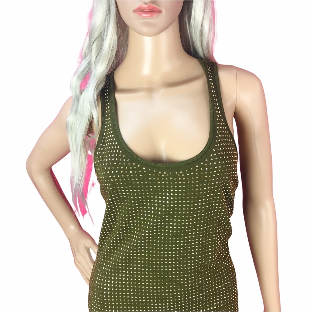 Jennifer‎ Lopez Army green Gold Crystal Stud Embellished Mini Dress Small - Picture 2 of 6